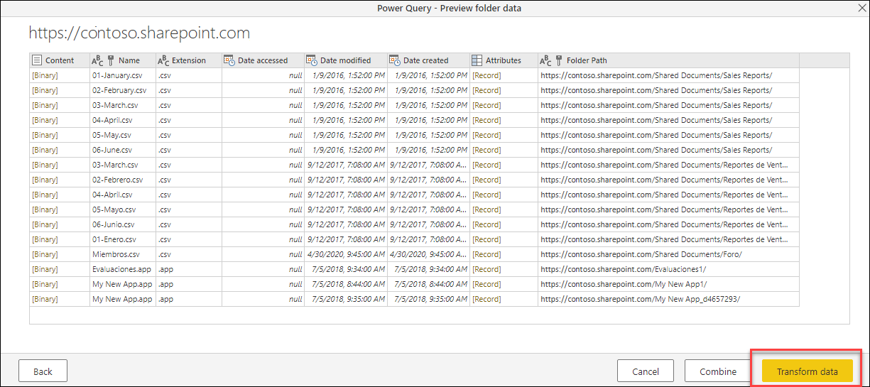 Table preview after connecting to a SharePoint site using the SharePoint folder connector showing the files found in the SharePoint site.