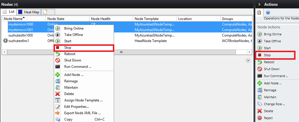 Screenshot shows the Nodes page with the two nodes selected and the Stop button highlighted and displayed in a menu.