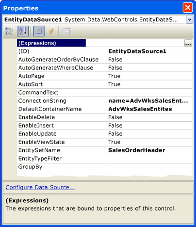 EntityDataSource property page