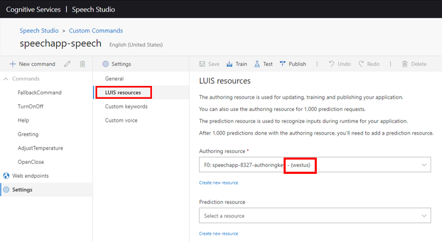 Screenshot of speech project LUIS resources.