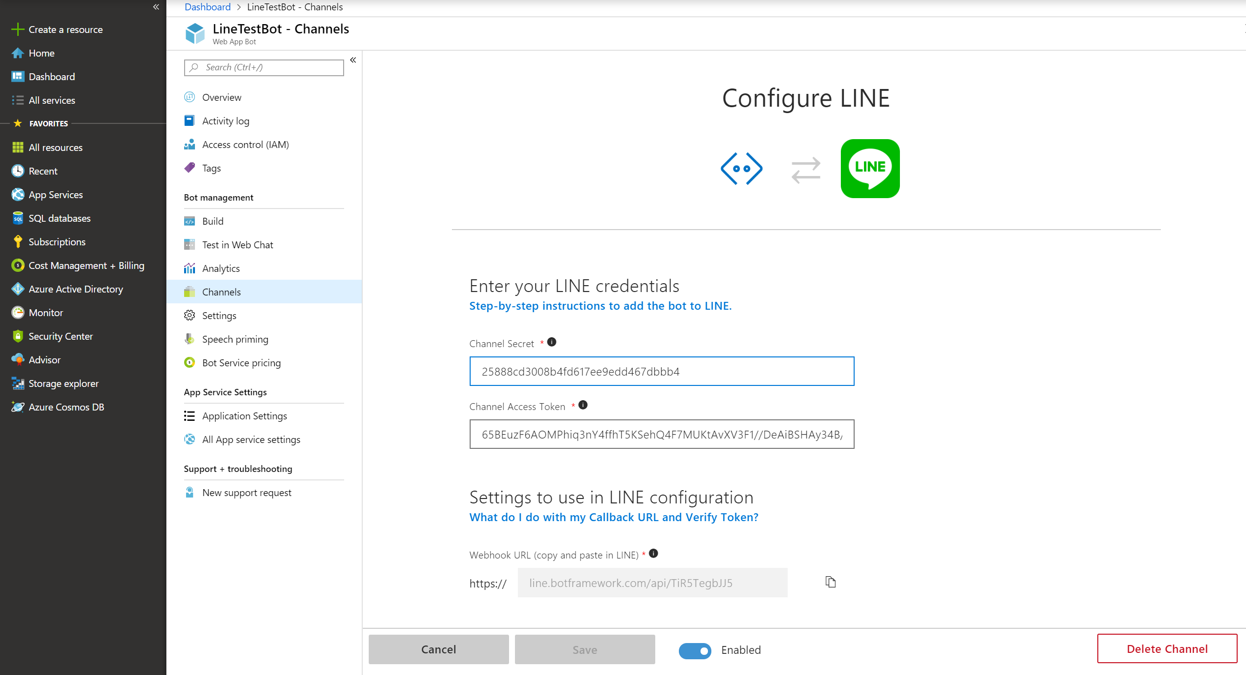 LINE screenshot azure settings