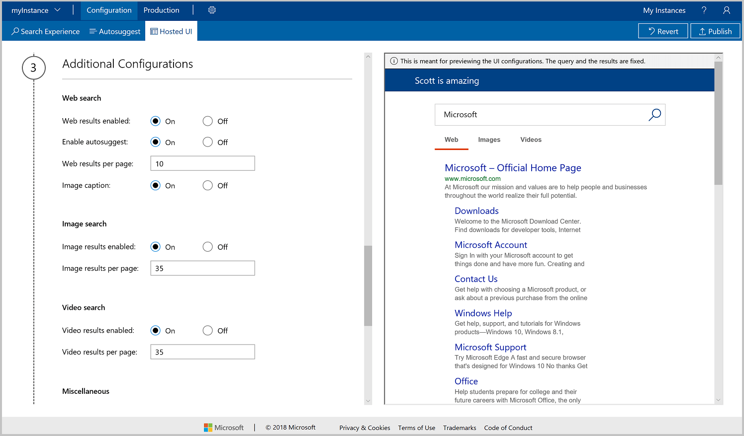 Screenshot of the Hosted UI additional configurations step