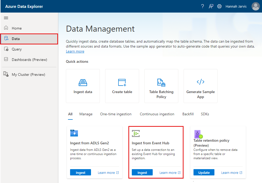 Screenshot showing the ingestion wizard in the Azure Data Explorer web UI.