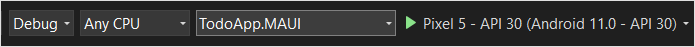 Screenshot showing how to set the run configuration for a dot net maui for Android app.