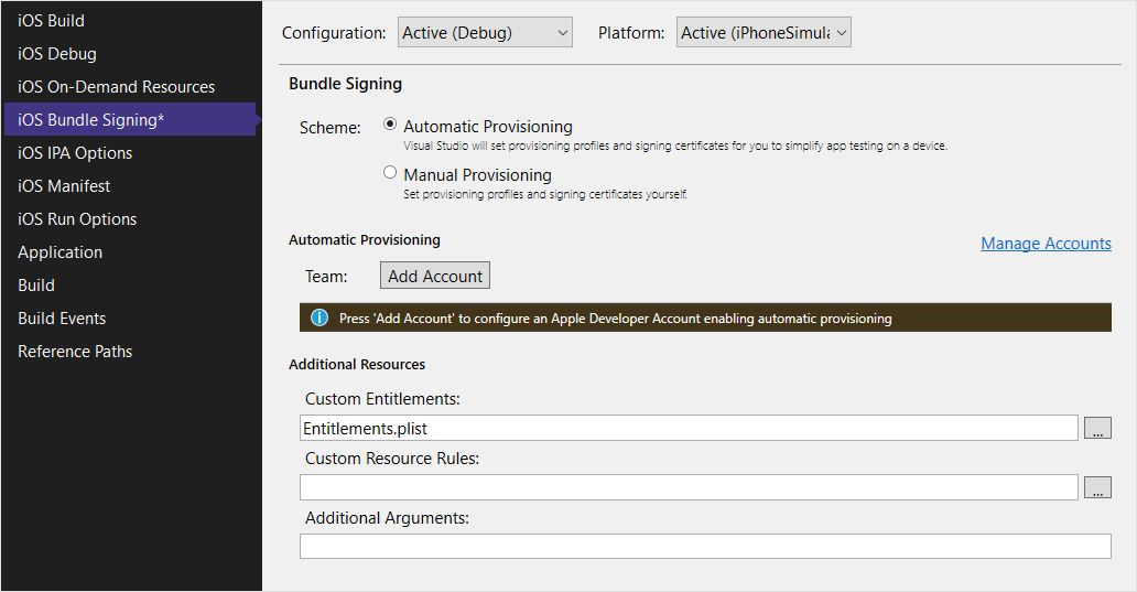 Screenshot showing the i O S bundle signing properties.