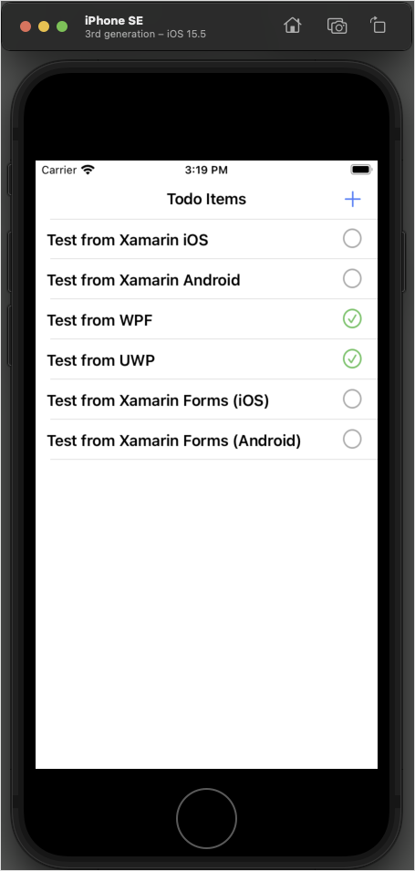 Screenshot of the running i O S app showing the to do list.