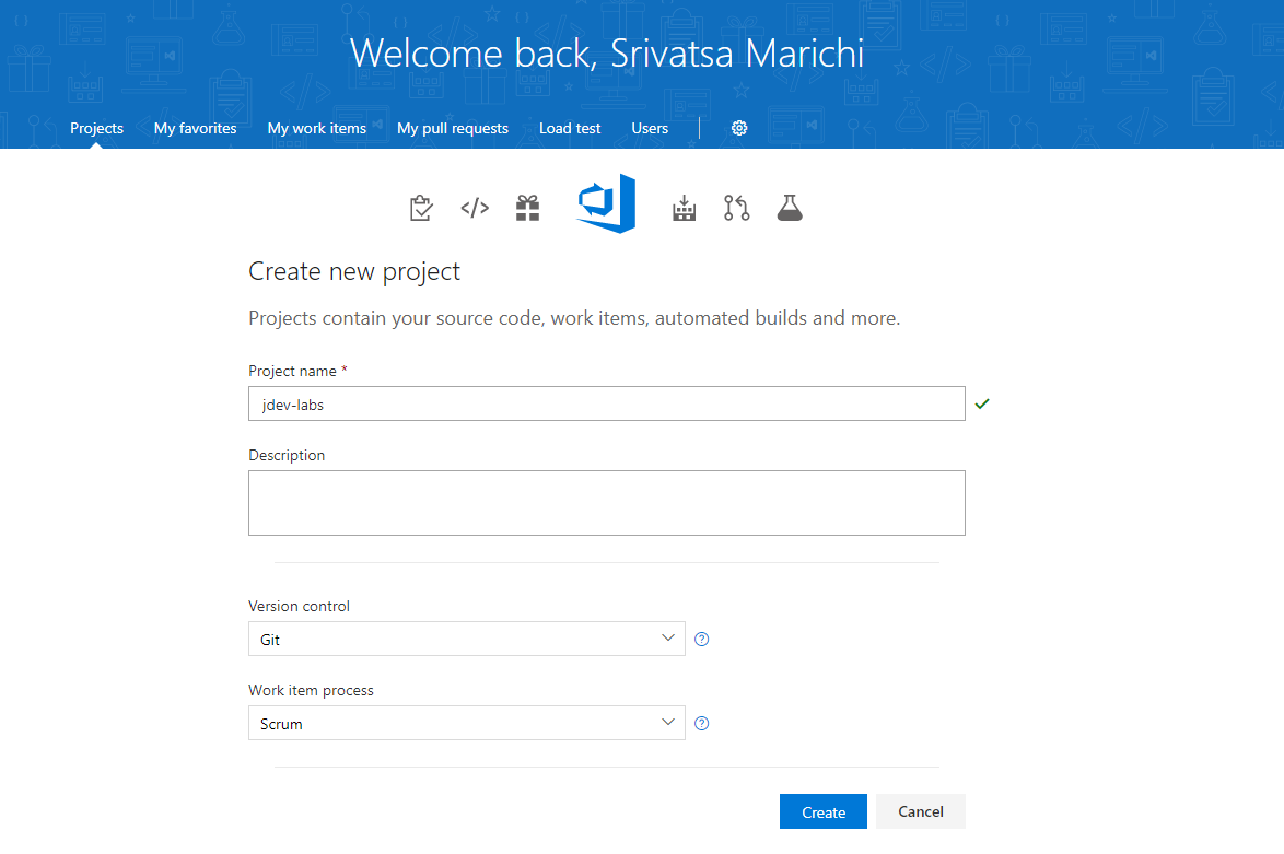 Azure DevOps Services new project configuration page