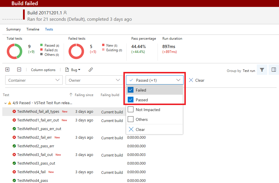 Test result status filter