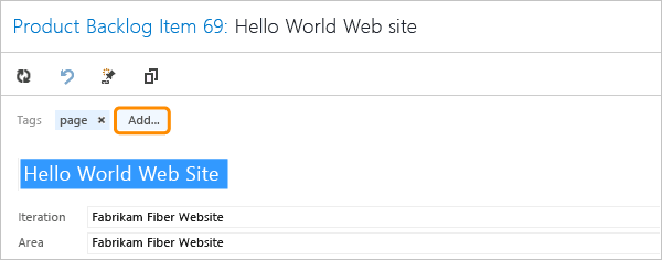 Screenshot of work item form, Add one or more tags to a work item, TFS 2015 version