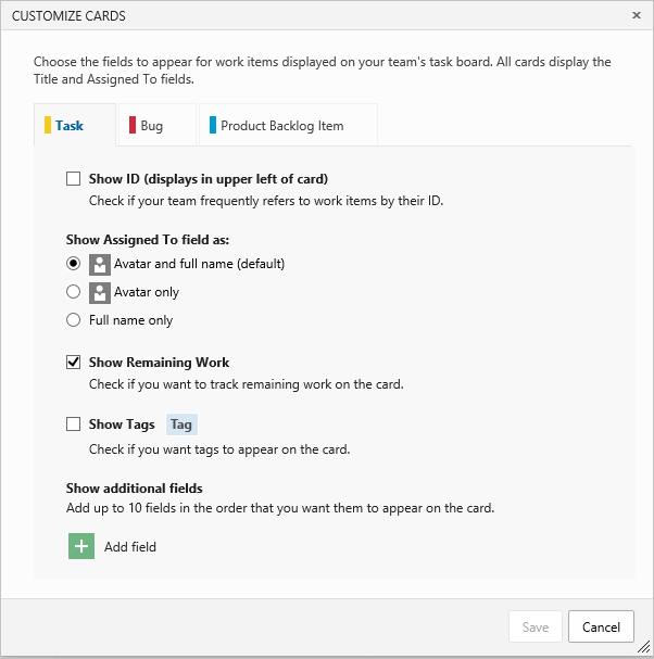 taskboard, TFS card customization dialog