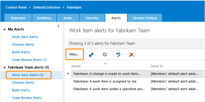 Work Item Alerts link on the Alerts admin page