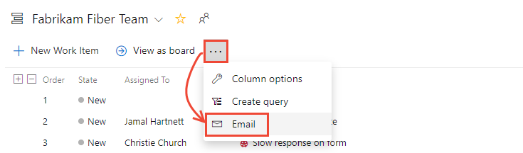 Screenshot of backlog, context menu, Email... option, TFS 2018 and later  versions.