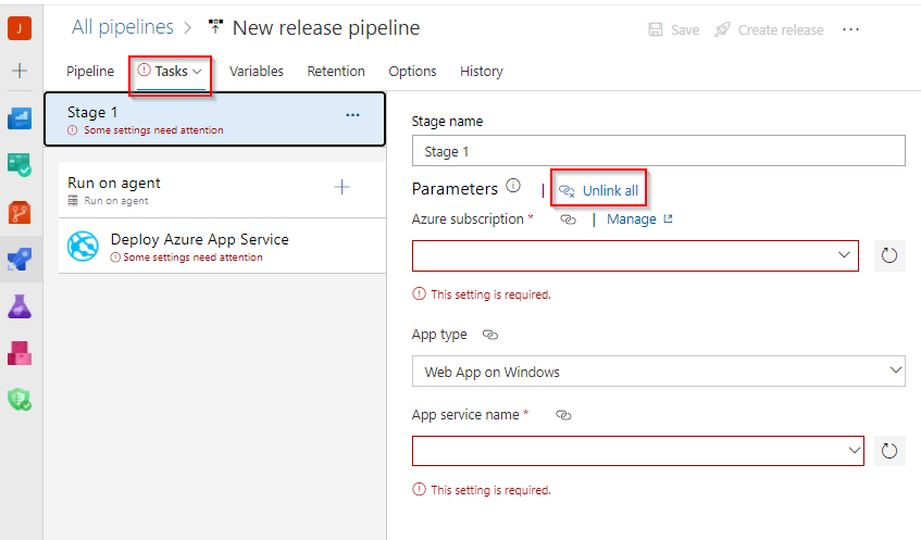 Unlink pipeline parameters