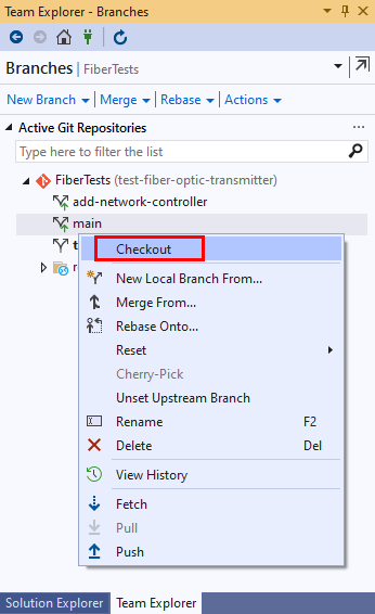 Screenshot of the Checkout option in the Branches view of Team Explorer in Visual Studio 2019.