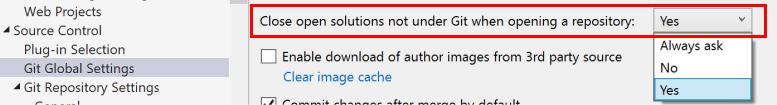 Screenshot showing the Close open solutions not under Git when opening a repository setting in the Options dialog box in Visual Studio.