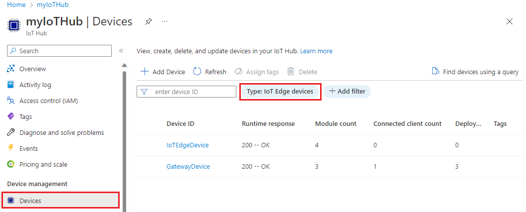 Screenshot of how to view all IoT Edge devices in your IoT hub.