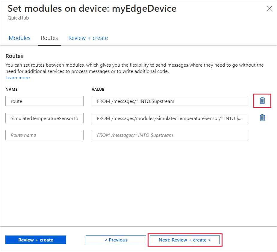 Screenshot that shows removing the default route then moving to the next step.