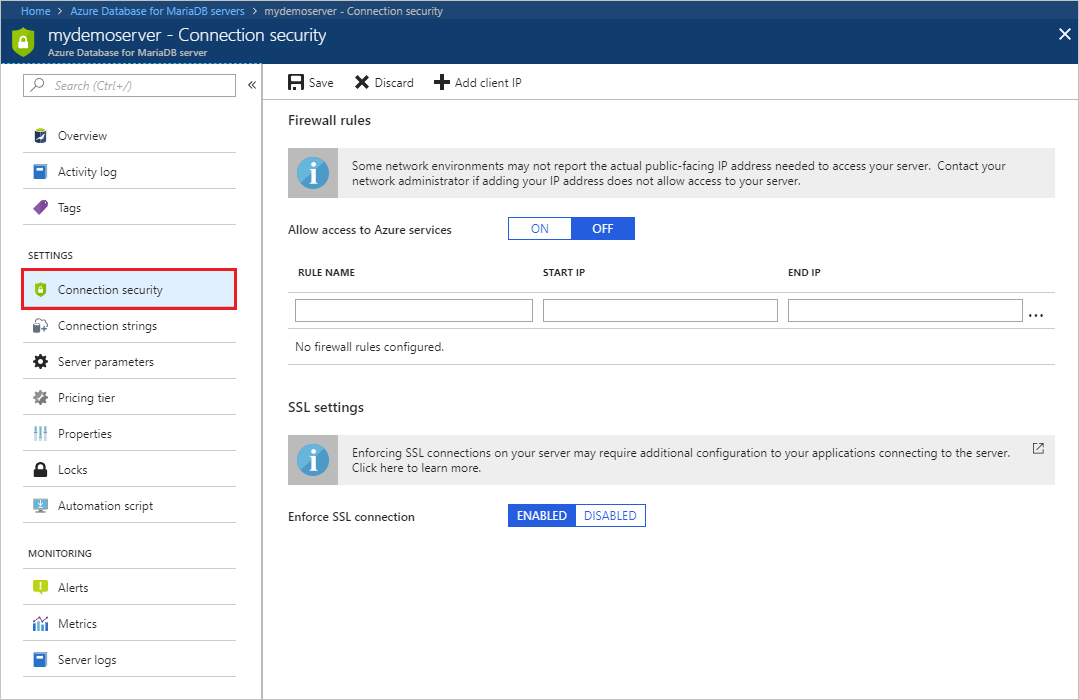 Azure portal - click Connection security