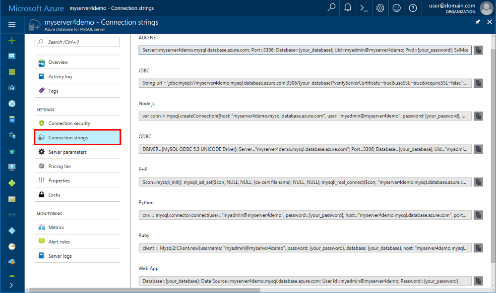 The Connection strings pane in the Azure portal