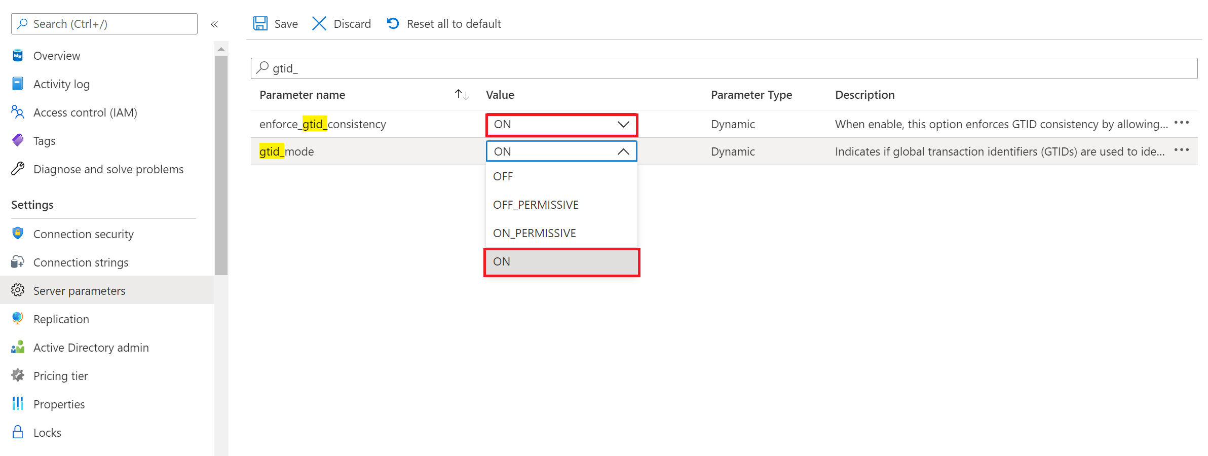 Enable GTID on Azure Database for MySQL server