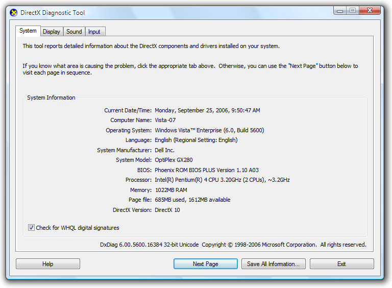 DirectX Diagnostic Tool main window