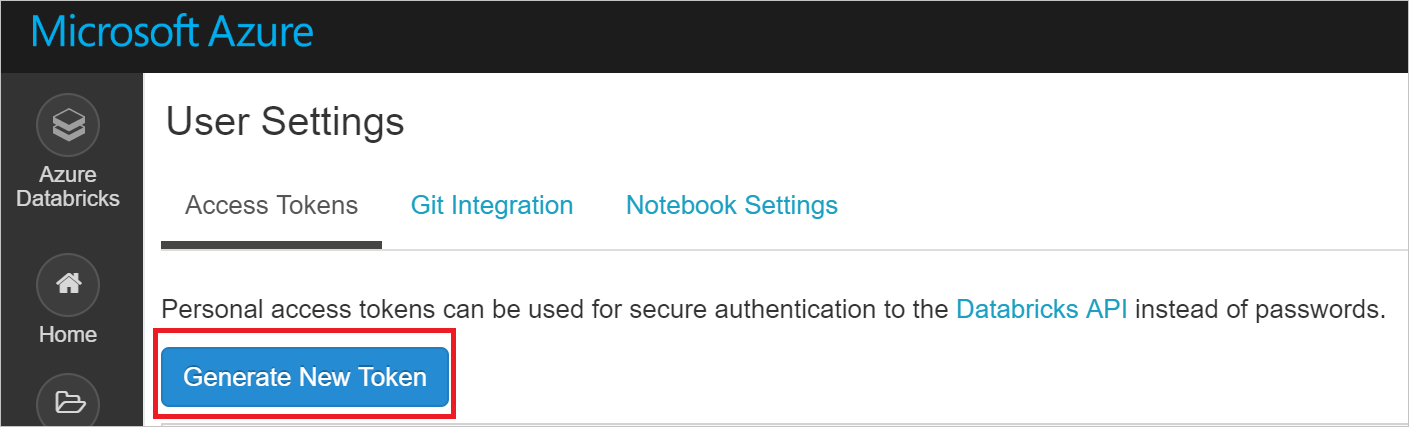 Generate new access token in Azure Databricks workspace