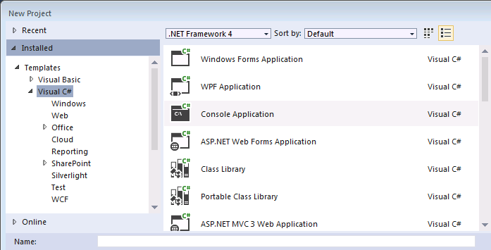 A new console app project dialog in Dynamics CRM