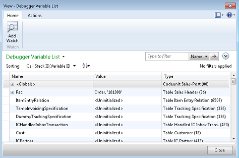 Variables Part on Debugger page