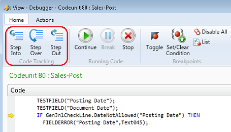 Step Into, Step Over, Step Out on Debugger page