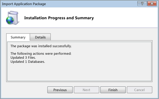 Installation Progress and Summary dialog box