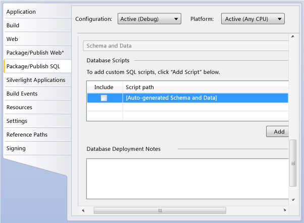 Package/Publish SQL tab with script excluded