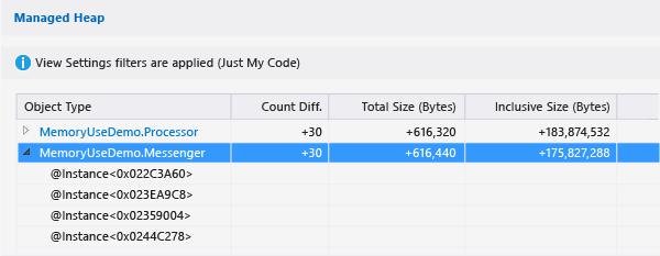 Managed Heap tree for a type in difference report