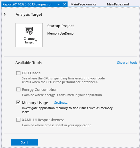 Start a Memory Usage diagnostic session