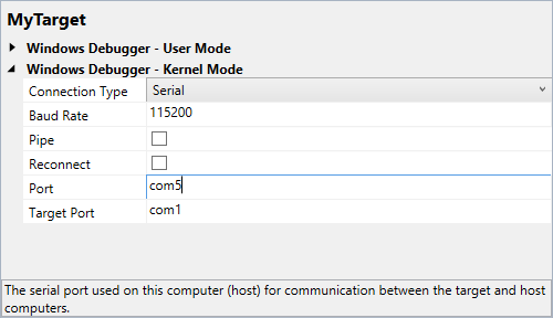 Screen shot of debugging configuration dialog box