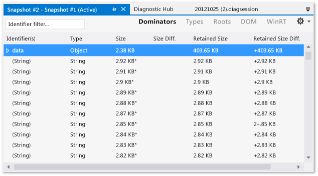 Snapshot differential in Dominators view