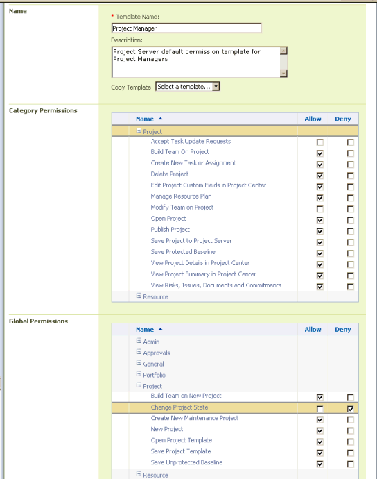 Setting permissions in a security category