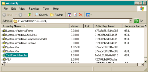 The TestEventHandler is registered in the GAC