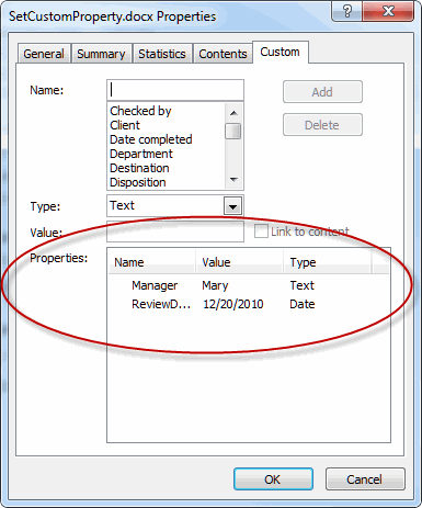 Advanced Properties dialog with custom properties