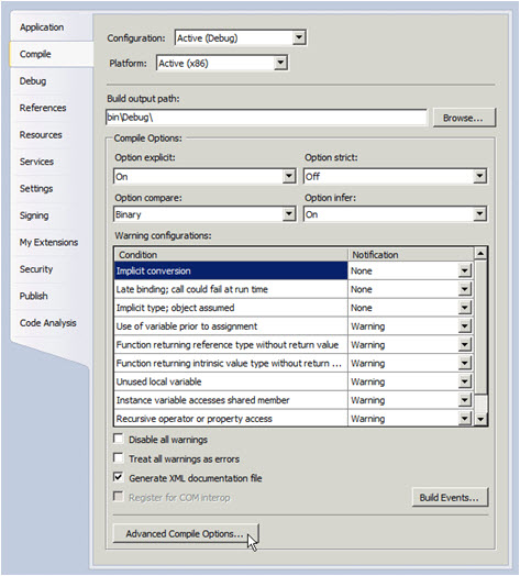 Compile options for Visual Basic applications