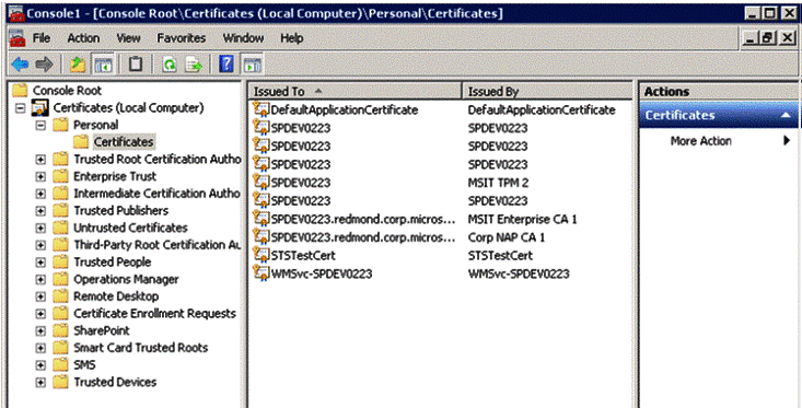 MMC displaying the STSTestCert