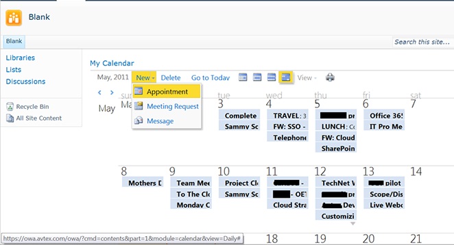 My Calendar Web Part toolbar