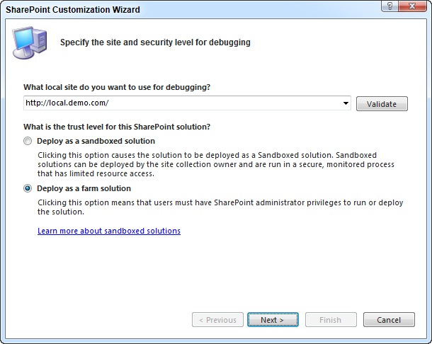 SharePoint Customization Wizard dialog box