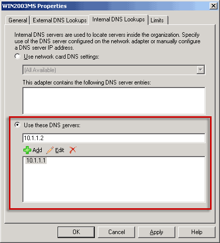 Internal DNS Lookups set to use a DNS server