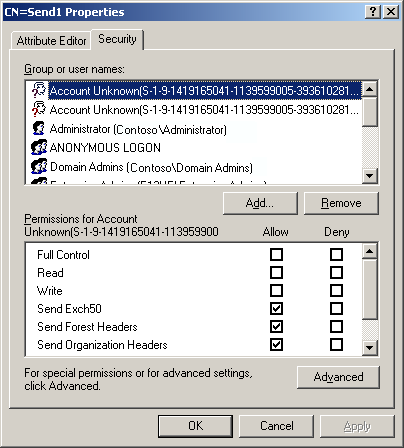 Send Connector Secuity tab in ADSI Edit