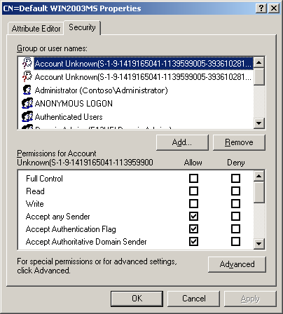 Receive Connector Security Tab in ADSI Edit