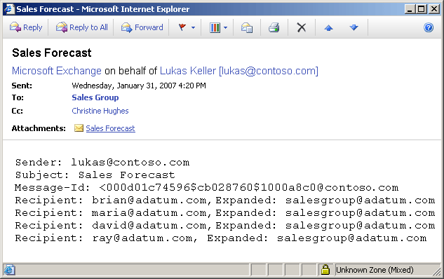 Journal report showing basic recipient fields