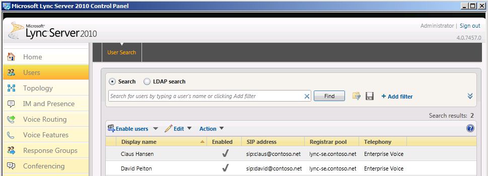 Lync Server Control Panel Users Search page