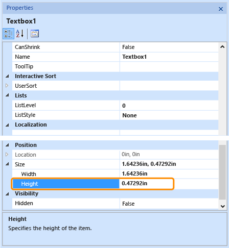 Properties Pane for selected table cell