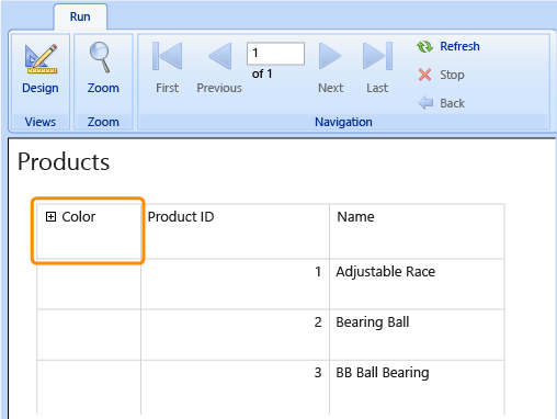 Running report with expandable row group