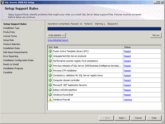 Setup Support Rules page in Install Wizard